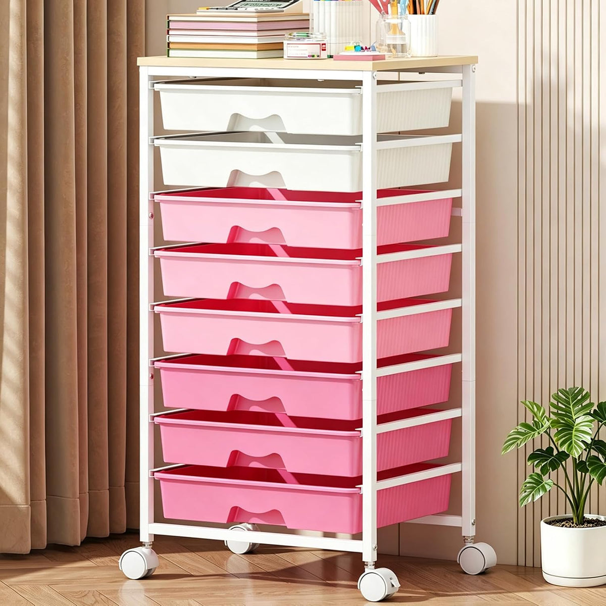 Goovilla Rolling Cart with 8 Drawers for Art, Dorm, Office, Craft, Pink