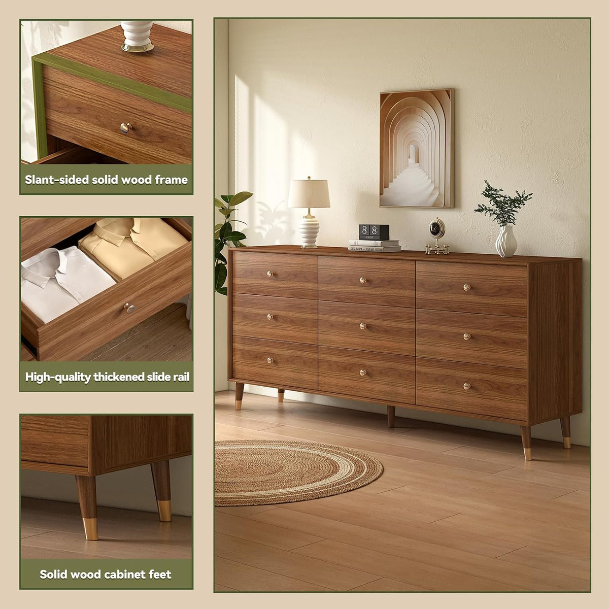Messenya Dresser for Bedroom, 63 Inch 9 Drawer Wooden Chest of Drawers