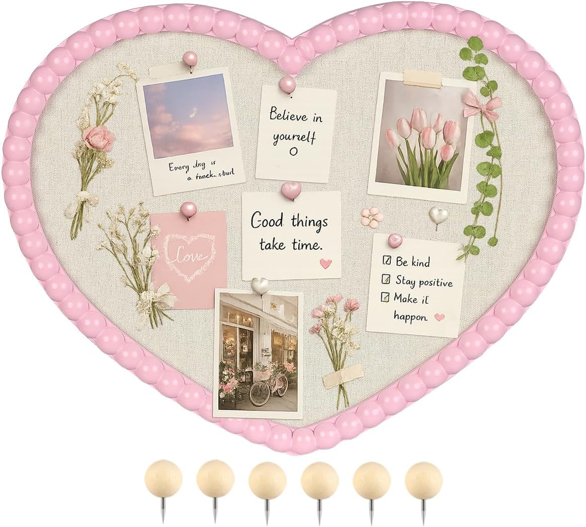 17" x 13" Heart Shaped Linen Bulletin Board, Pink Beaded Wood Frame Cork Board Alternative, Decorative Memo Board for Wall, Home Office & Bedroom Deco, Heart-3343PK