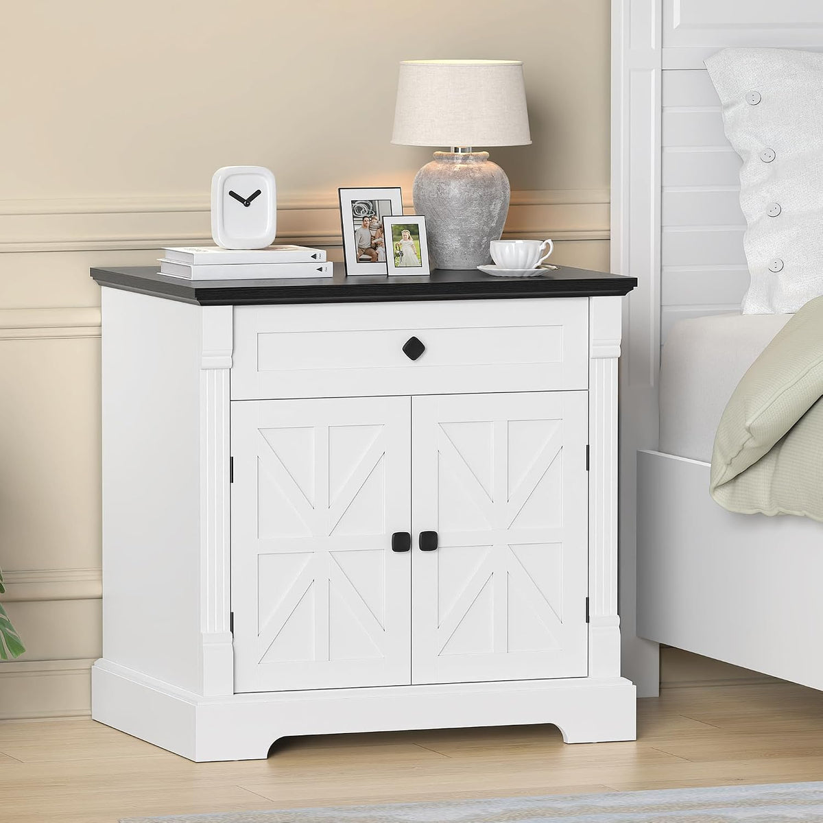 Bigbiglife Farmhouse Printer Stand, 29.9" Wide, Black Top & White Finish