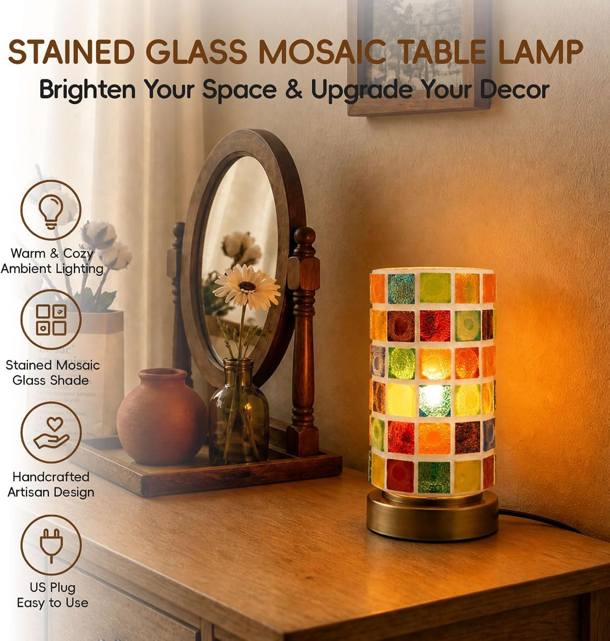 Mosaic Stained Glass Table Lamp for Bedroom Bedside, Bohemian Turkish Small Nightstand Lamp Night Light, Metal Base Round Colored Glass Shade Desk Lamp for Living Room Restaurant Bar (Bulb Included)
