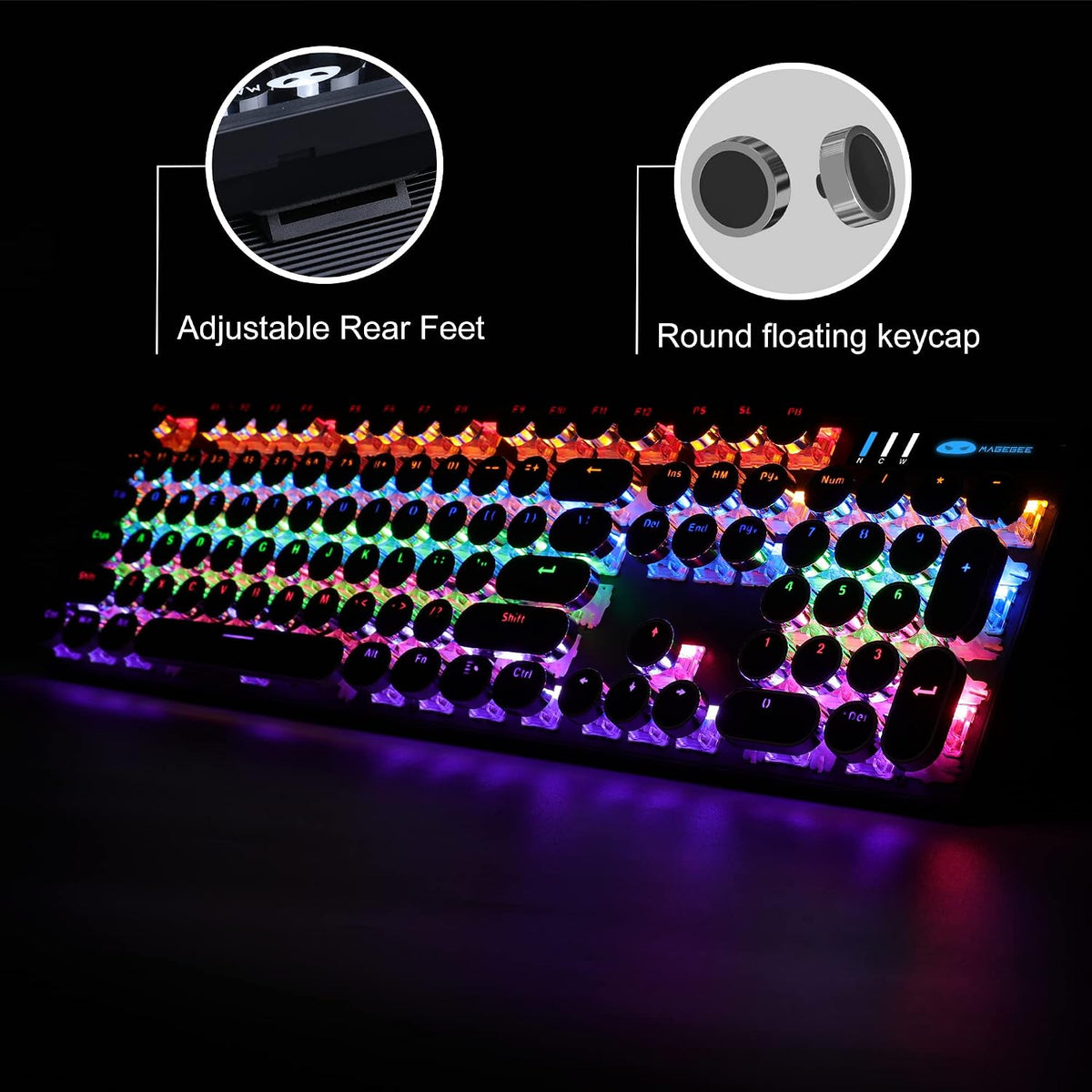 Camiysn Typewriter Style Mechanical Gaming Keyboard, Black Retro Punk Gaming Keyboard with RGB Backlit, 104 Keys Blue Switch Wired Cute Keyboards, Round Keycaps for Windows/Mac/PC