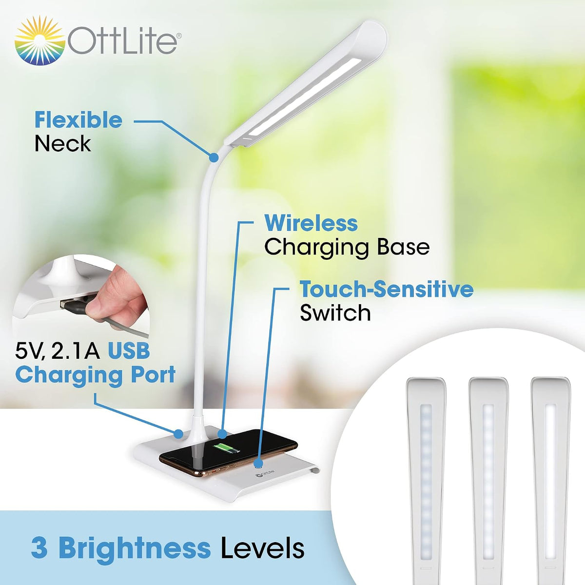 OttLite Power-Up LED Task Lamp with Wireless Charging, White