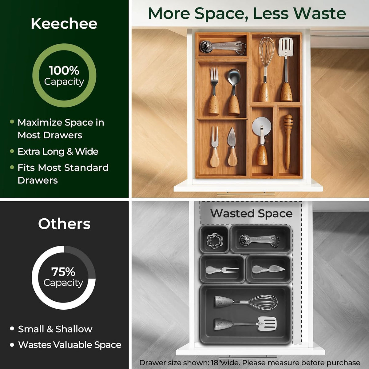 keechee 5-Piece Bamboo Drawer Organizer Set, 2.2" Deep Multi-Use Organizers for Utensils, Silverware, Cutlery, Desk, Bathroom, Junk Drawer & Makeup, Non-Slip Feet Included.