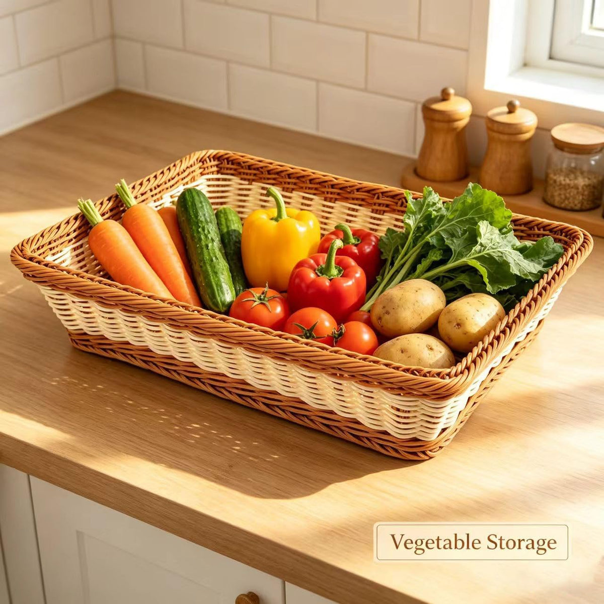 RT&BS 2pcs Wicker Bread Basket for Serving, Wicker Fruit Basket, Display Baskets for Vegetable Fruit, Reusable Handwoven Serving Baskets for Kitchen, Store, Restaurant, Outdoor (Bicolor, M)