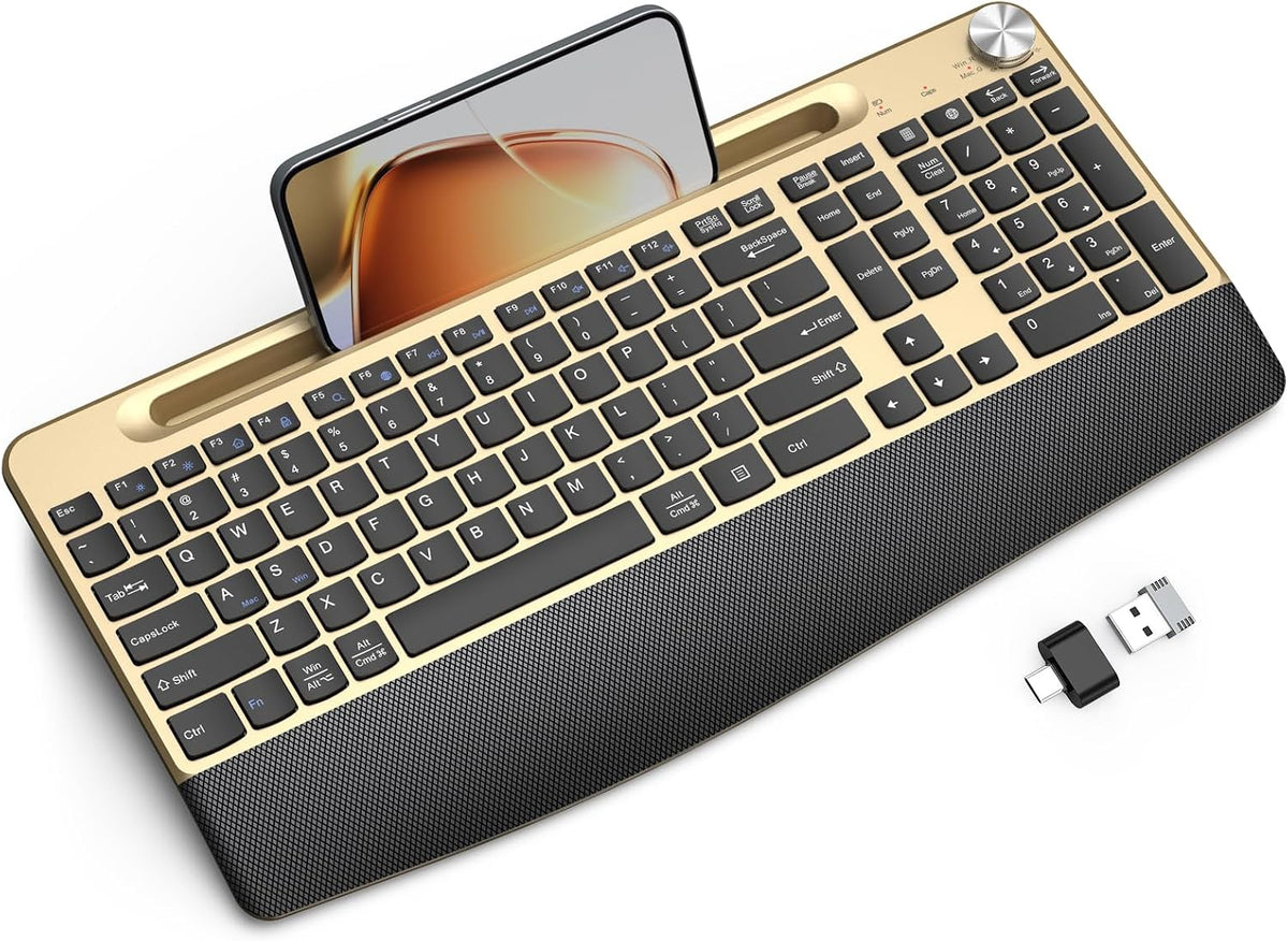 GAMCATZ Ergonomic Wireless Keyboard with Wrist Rest-Low-Profile,Phone/Tablet Holder,Quiet Design，Windows & Mac OS，Full Size Cordless USB Computer Keyboard for Desktop,Laptop, PC, Mac, Windows-Black