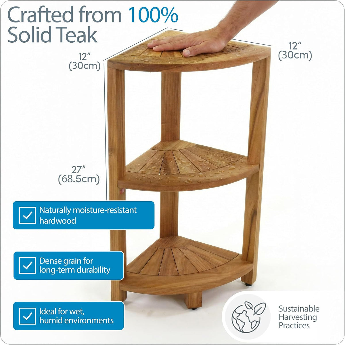 AquaTeak Kai-Petite 12" Teak Corner Shelf Stand, 3 Tier Shower Stand