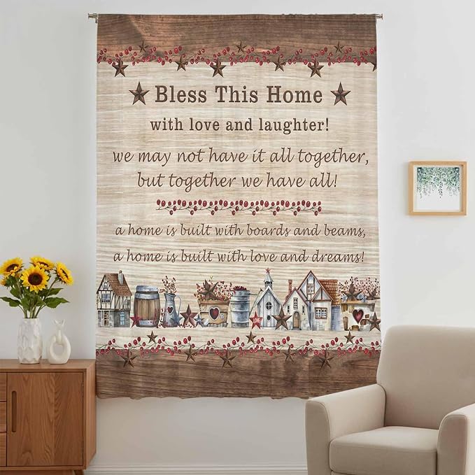 Farmhouse Sheer Curtains 54 Inch Length Brown Country Star Berry Vintage Wood