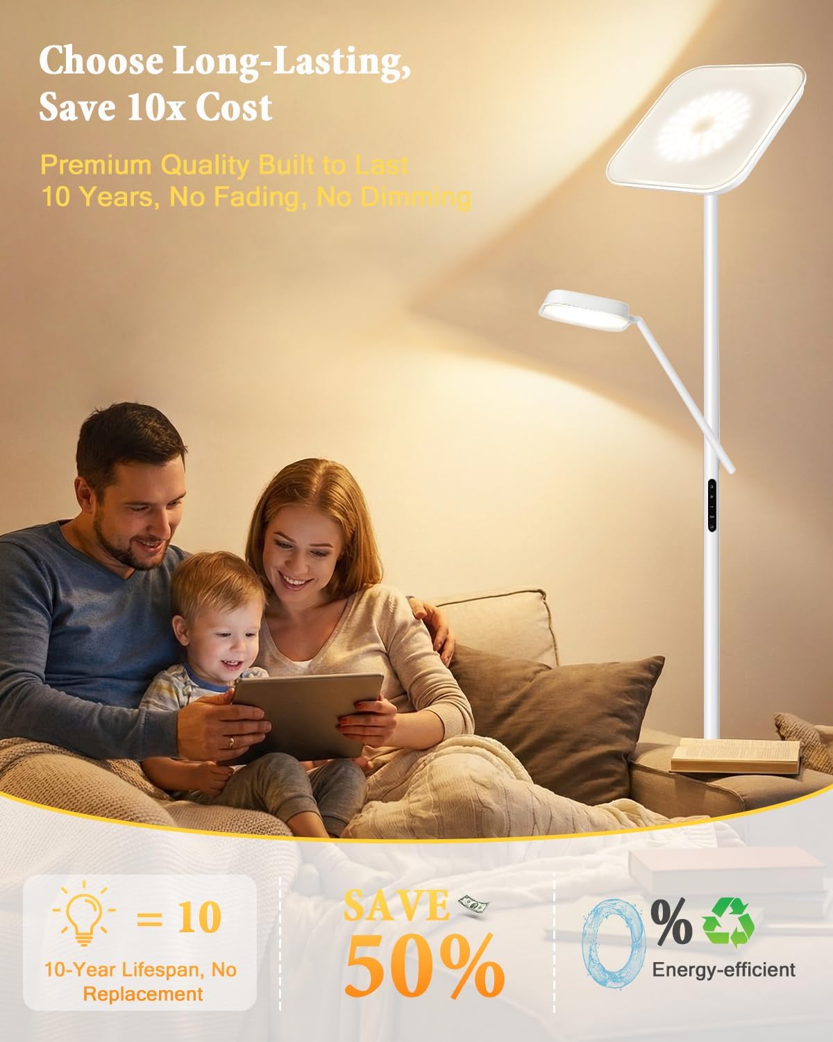 Floor Lamp, Upgraded 36W 3000LM Torchiere Super Bright LED Floor Lamp for Living Room, Stepless Dimmable Black Modern Standing Lamp with Remote & Touch Control, Tall Lamp for Bedroom, Office, White