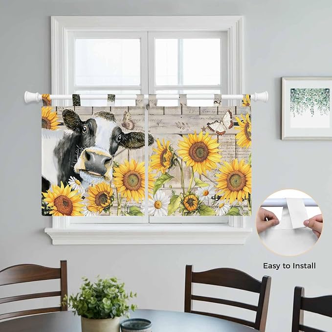 Yellow Sunflowers Kitchen Curtains 24 Inch Length, Small Window Curtains Tab Top