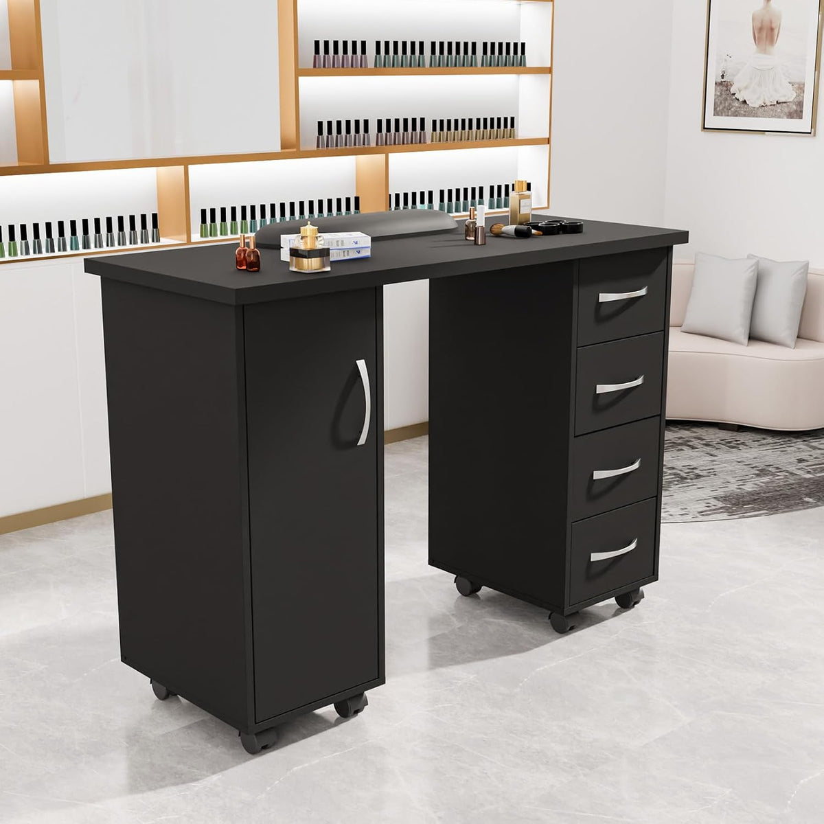 LEADZM Manicure Table Nail Desk w/Cabinet, Drawers, Wheels & Arm Rest, Spa Salon Beauty Home Wooden Technician Workstation Nail Art Equipment for Nail Tech, 43.3" L x 31.5" H x 17.7" W (Black)