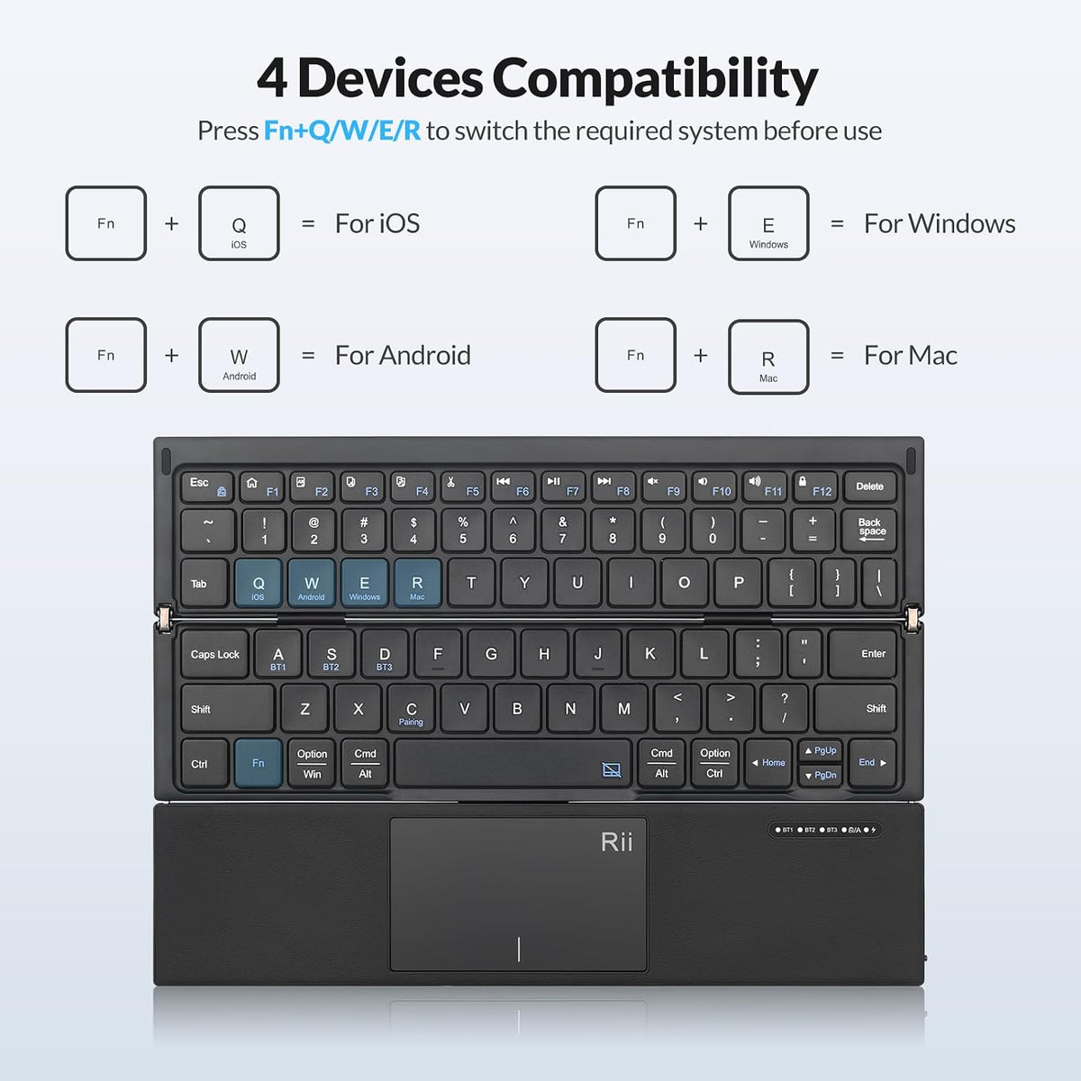 Rii Tri-Foldable Bluetooth Keyboard with Touchpad,Rechargeable RK811