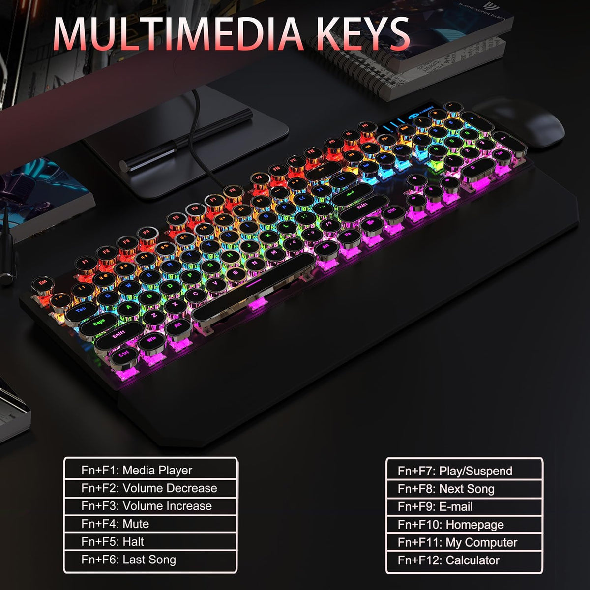 Camiysn Typewriter Style Mechanical Gaming Keyboard, Black Retro Punk Gaming Keyboard with RGB Backlit, 104 Keys Blue Switch Wired Cute Keyboards, Round Keycaps for Windows/Mac/PC