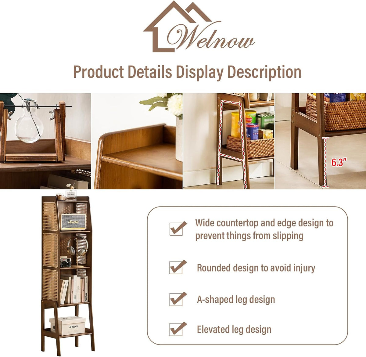 Welnow Bamboo Rattan Bookcase with Cabinet，4-Tier Wicker Bookshelf,Walnut