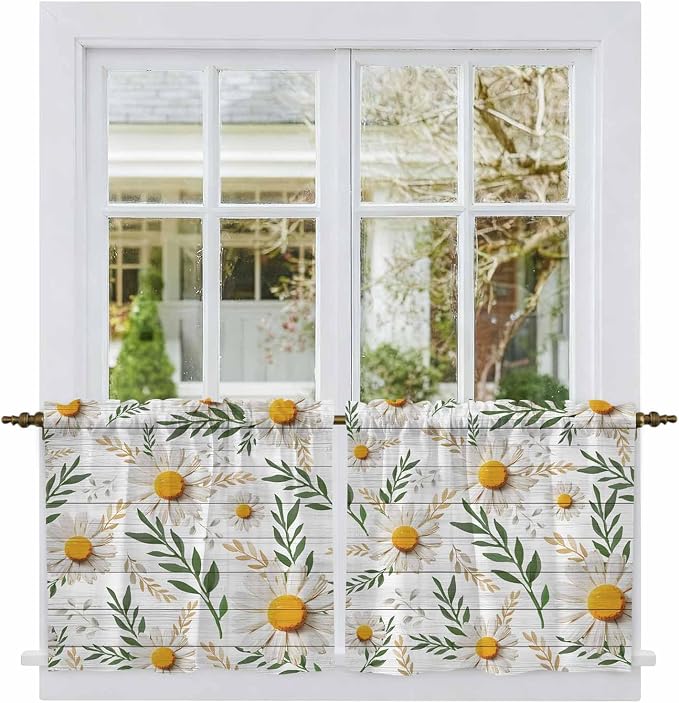 Spring Daisy Tier Curtains, Farmhouse Country Flower Leaf Plant Wood Grain