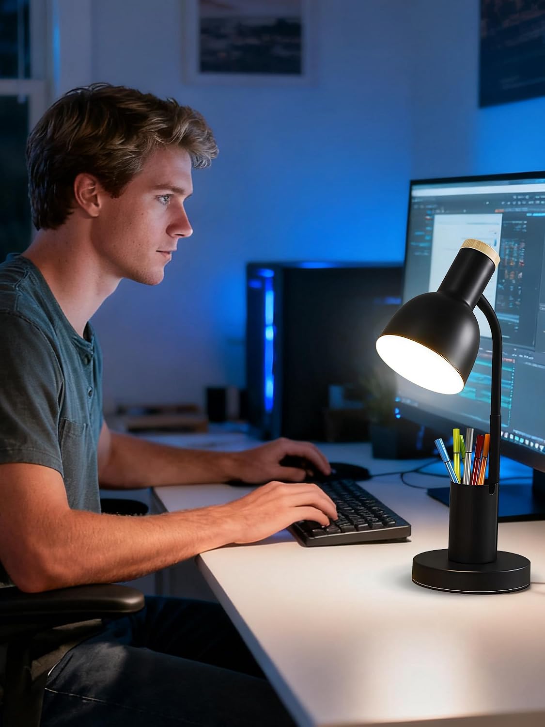 LED Desk Lamp for Home Office, Table Lamp with Pen Holder, 3 Color Modes Reading Light, Eye-Caring Desk Light with Gooseneck, Metal Study Lamp for Dorm Bedside Bedroom (Black Lamp)
