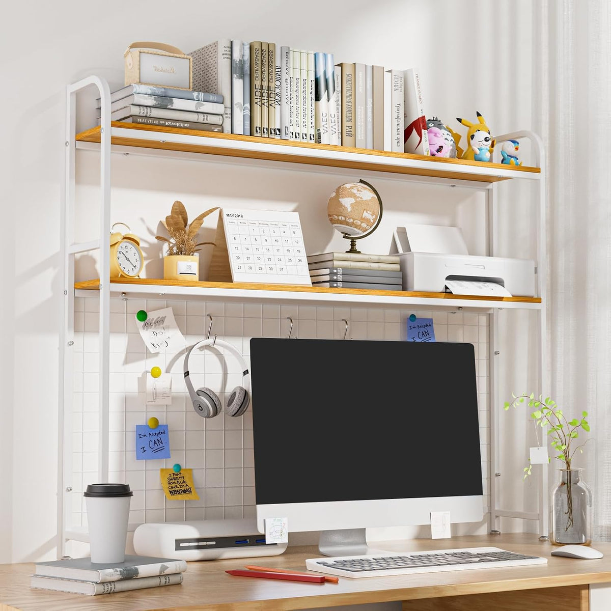 2-Tier Desk Shelf with Grid Panel, Freestanding, White, 45.3" W