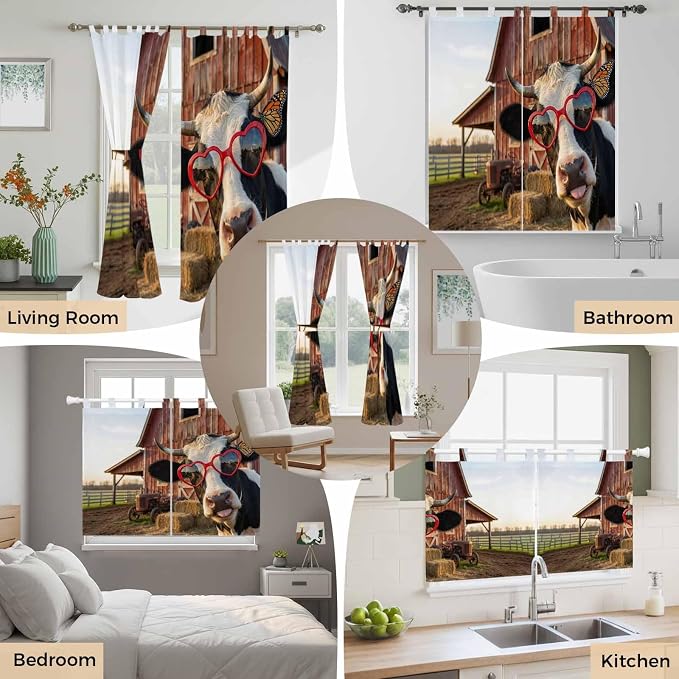 Farm Cows Bedroom Curtains 72 Inch Length, Window Curtains Tab Top, Farmhouse