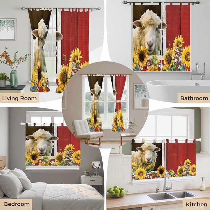 Sheep Flowers Bedroom Curtains 72 Inch Length, Window Curtains Tab Top
