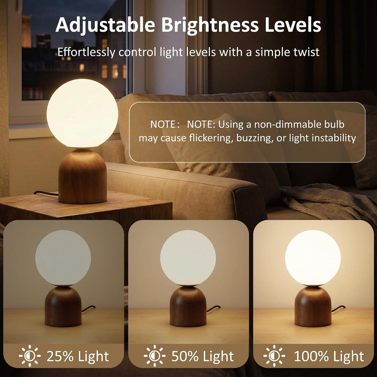 9.8" Dimmable Solid Wood Table Lamp with Opal Glass Globe Shade, Walnut