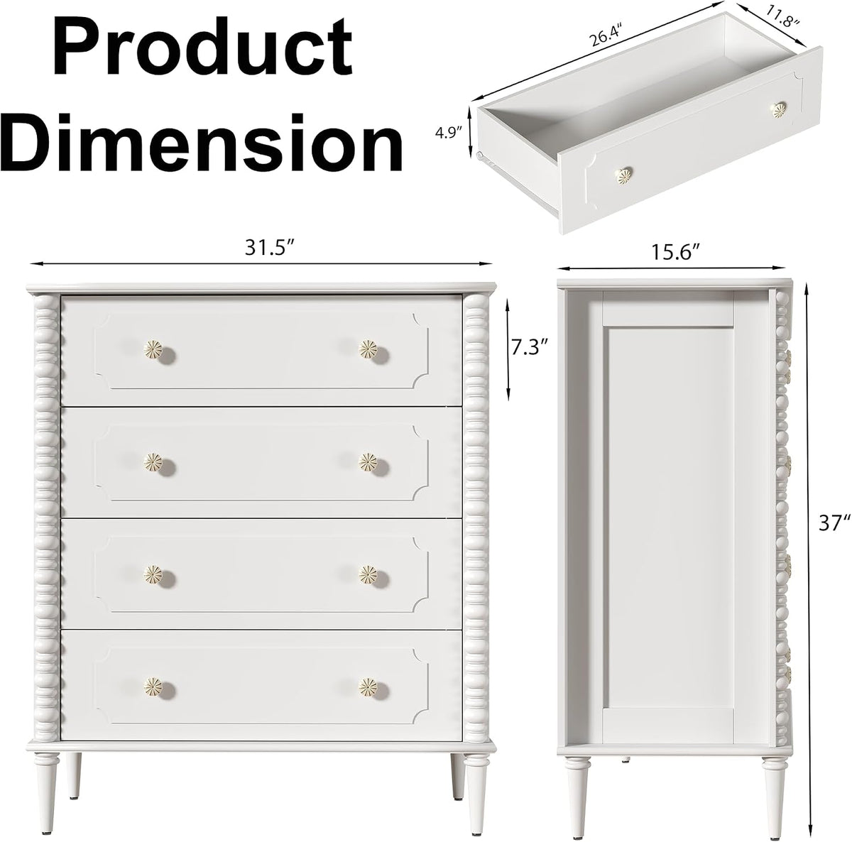 Dresser for Bedroom, 37" Tall Dresser with 4 Drawers, White