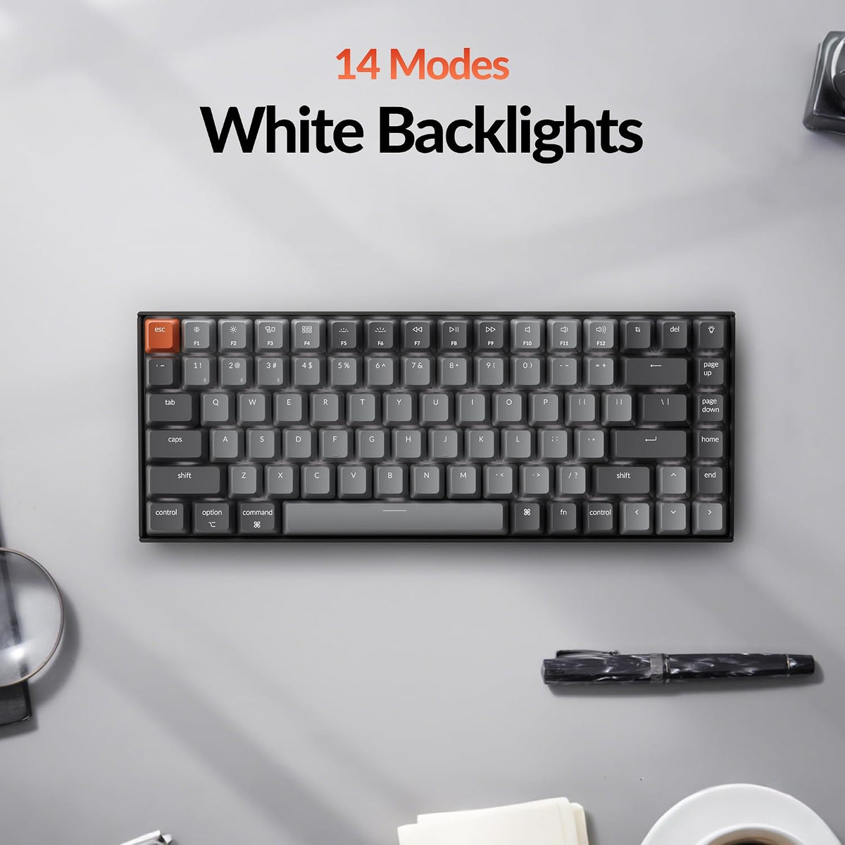 Keychron K2 75% Layout Bluetooth Wireless Mechanical Gaming Keyboard Silent K Pro Red Switch/White LED Backlit/USB C/Anti Ghosting/N-Key Rollover, 84 Keys, for Mac Windows