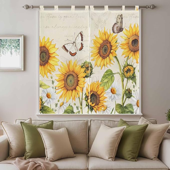 Farm Sunflowers Living Room Curtains 84 Inch Length, Window Curtains Tab Top
