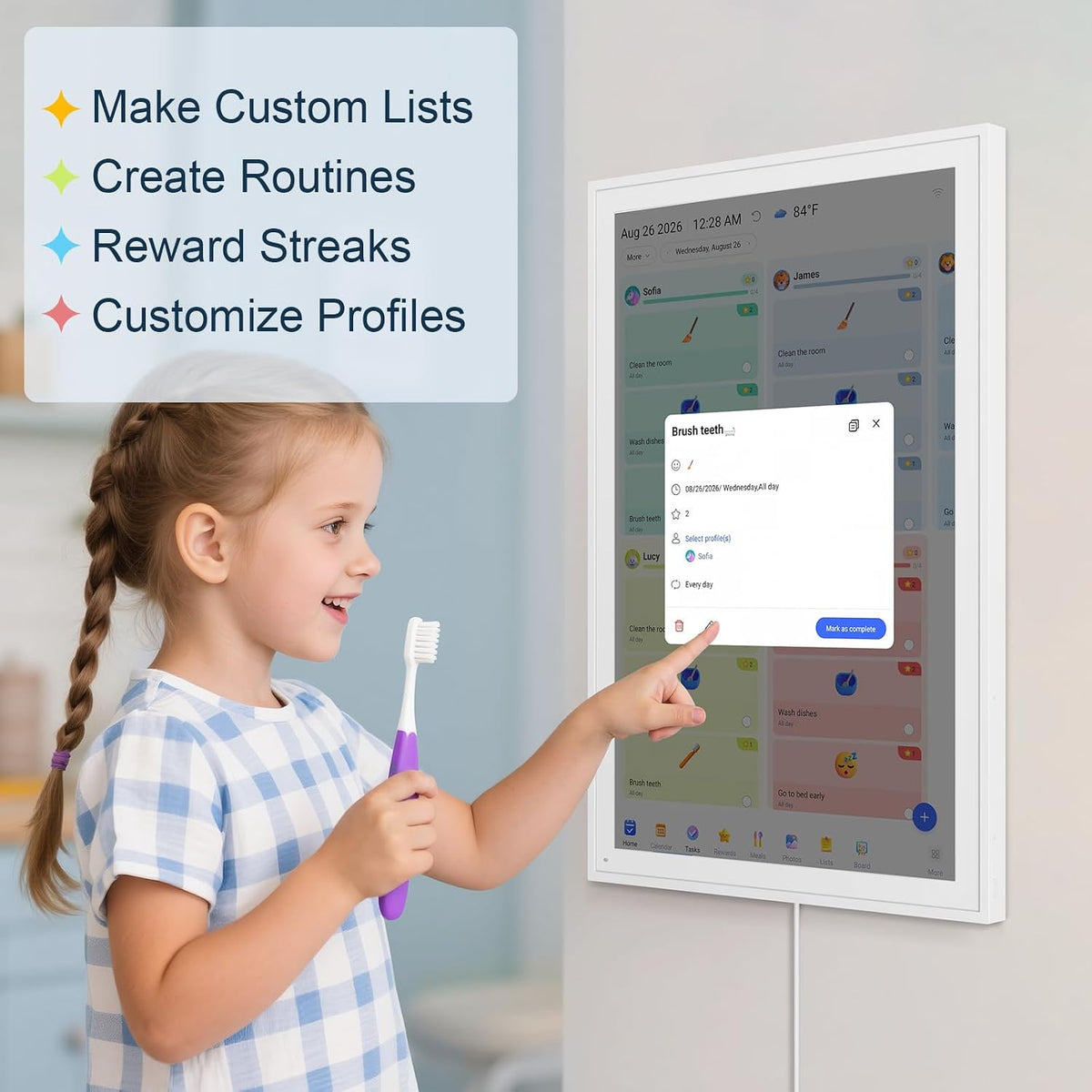 16" Digital Calendar, Smart Touchscreen Chore Chart & Planner, White