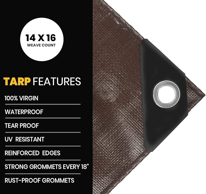 PROTARP Extra Heavy Duty 16 Mil Tarp Cover, Waterproof, UV Resistant, Rip and Tear Proof, Poly Tarpaulin with Reinforced Edges for Roof, Camping, Patio, Pool, Boat. (Brown/Black 50′ X 70′)