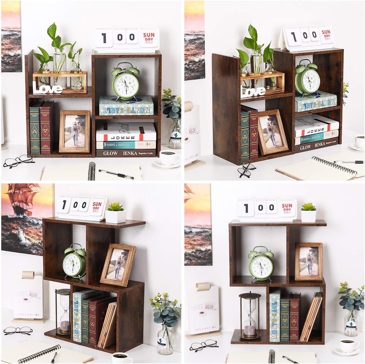 PAG-Mass Desktop Bookshelf Freestanding Wooden Countertop Bookcase Accessories Organizer Display Rack Dorm Desk Storage Shelf