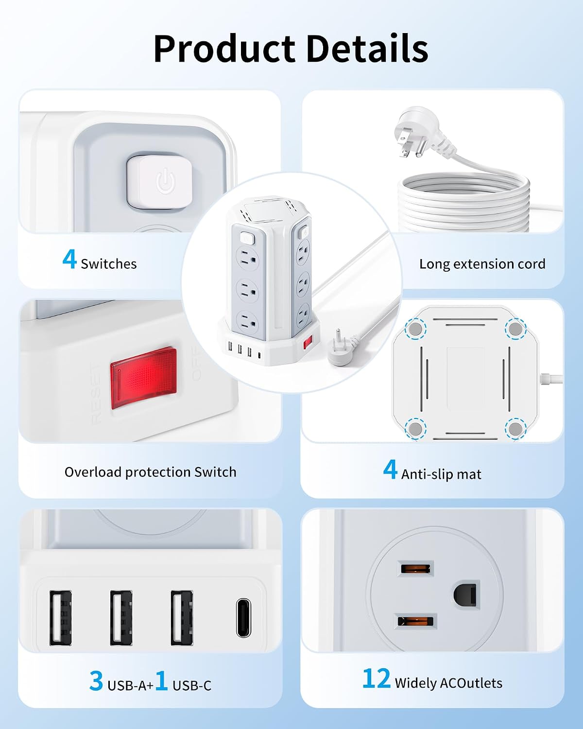 Power Strip 6.5 Ft Extension Cord with 12 AC Multiple Outlets 4 USB (1 USB C), SMALLRT Power Strip Tower Desktop Charging Station for Home Office College Dorm Essentials