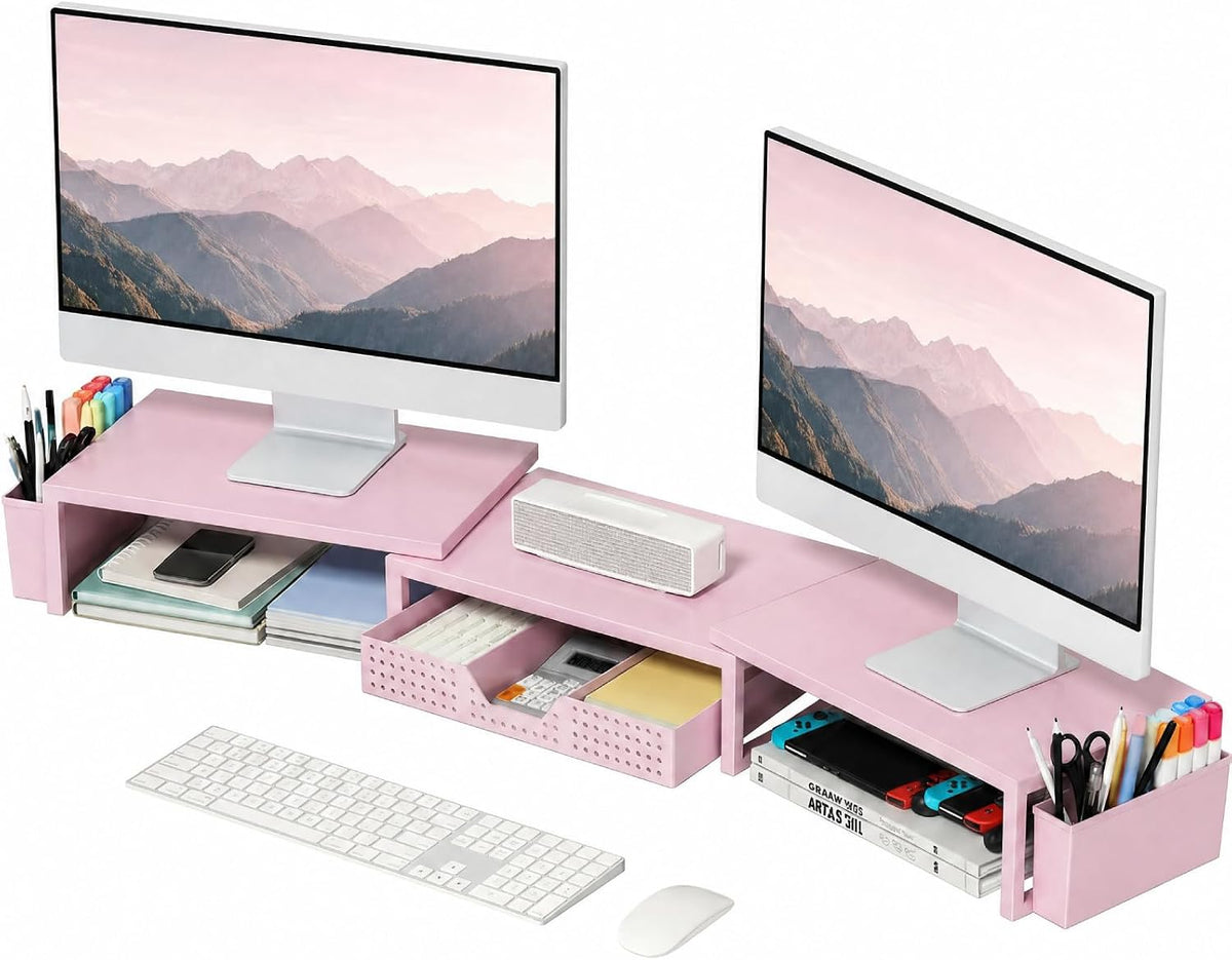 OPNICE Desk Organizers and Accessories, Dual Monitor Stand Riser with Drawer and 2 Pen Holders, Desk Shelf Computer Racks & Printer Stand for Office Workspace Organizers, Desktop Organization (Pink)