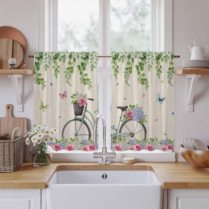 Farmhouse Spring Tier Curtains, Retro Bicycles Flowers Vines Butterfly Light