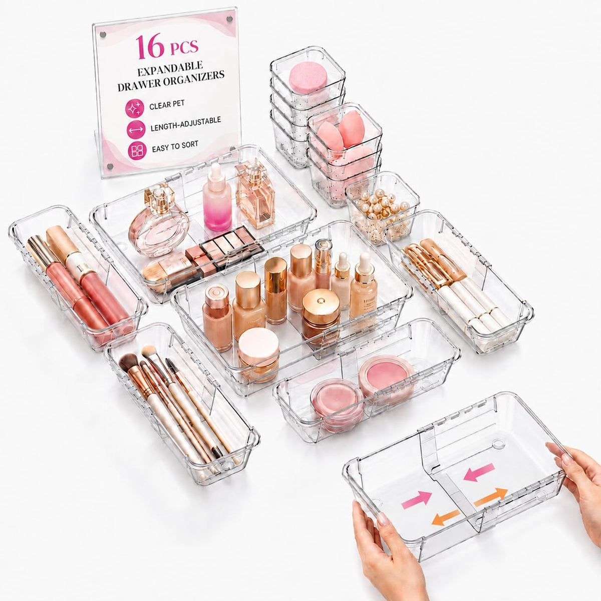 16 PCS Adjustable Expandable Clear Plastic Drawer Organizers 3-Size Set