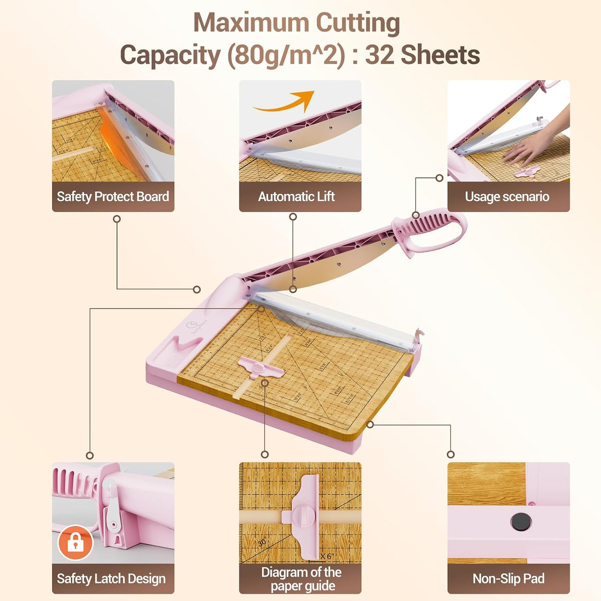 12 Inch Heavy Duty Paper Cutter, Wood Guillotine Paper Cutter & Paper Trimmer, 25-30 Sheets Capacity Paper Cutting Board for Classroom, Crafting, Cardstock Pink