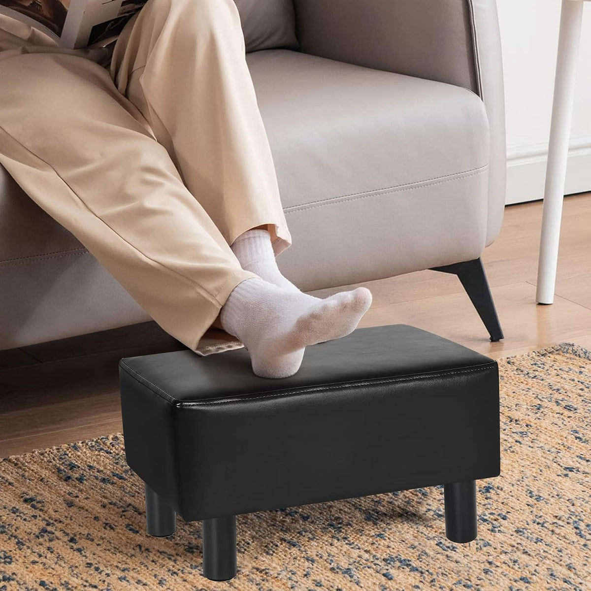 Joveco Small Footstool Ottoman Faux Leather Footrest Modern Rectangular Foot Stool Pets Steps for Couch Desk Office Dogs Living Room Bedroom (Black)