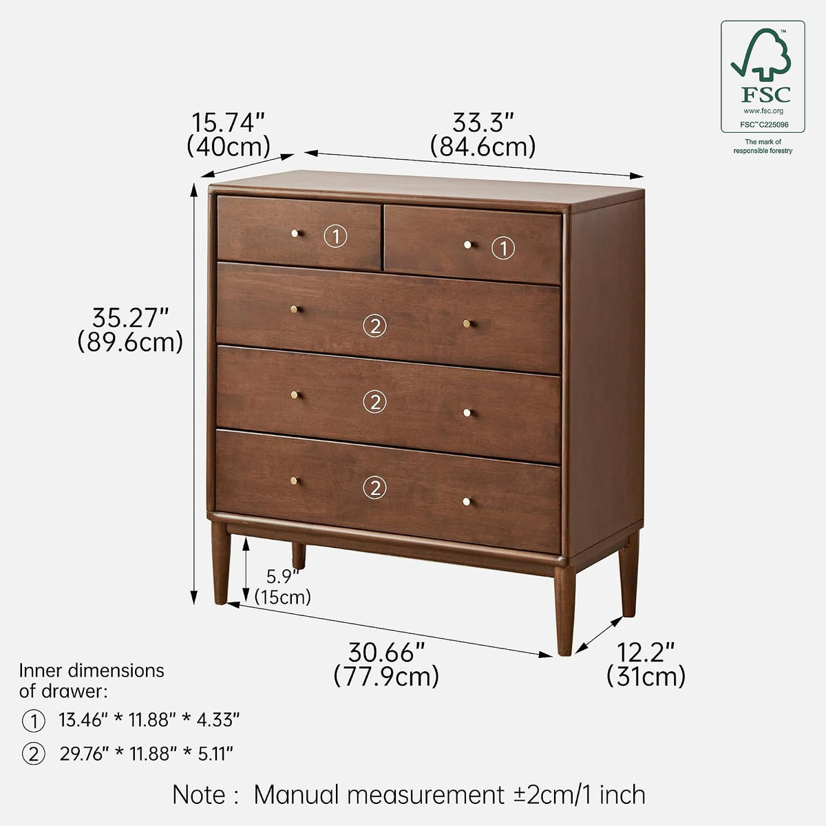 Solid Wood Nightstand, 5 Drawer Side Table for Bedroom, Wooden Storage Organizer, Modern Chest of Drawers for Living Room, Hallway, Closet, Walnut (33" W x 15.8" D x 35.4" H)