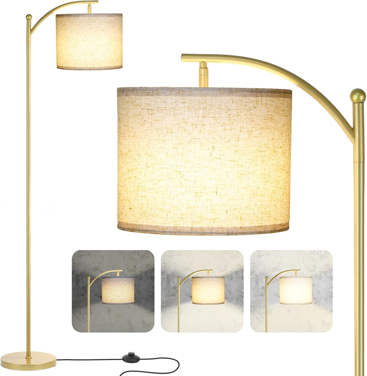 LALISU Standing Floor Lamp for Living Room, Linen Shade Floor Lamp, Gold