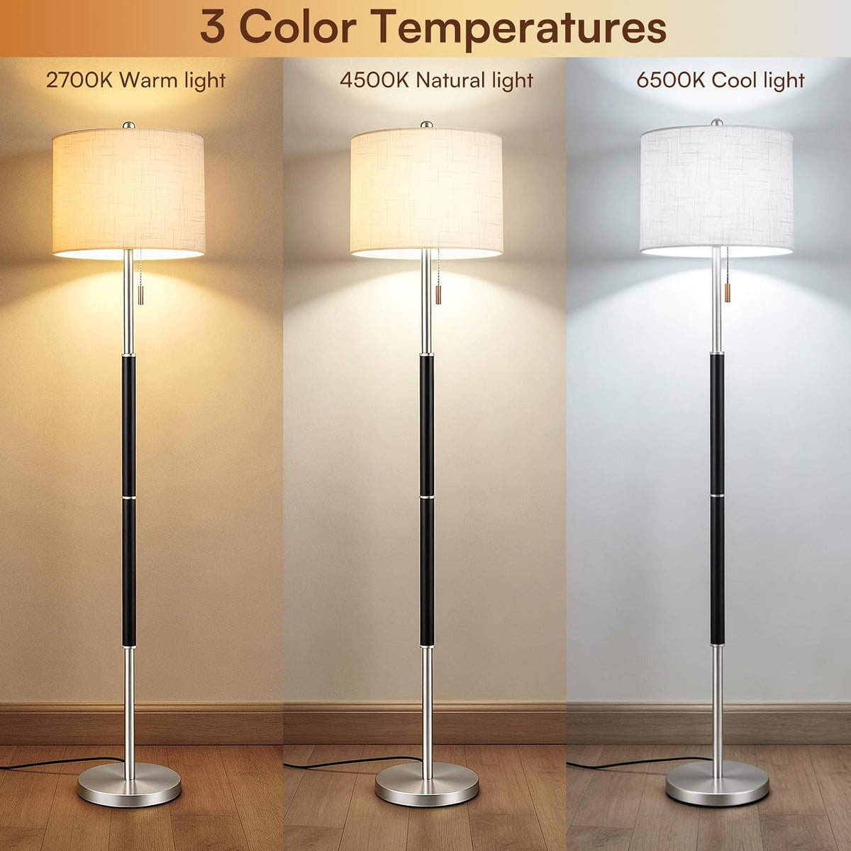 Black Floor Lamp with 13.2" Linen Shade and 3 Colors for Living Room