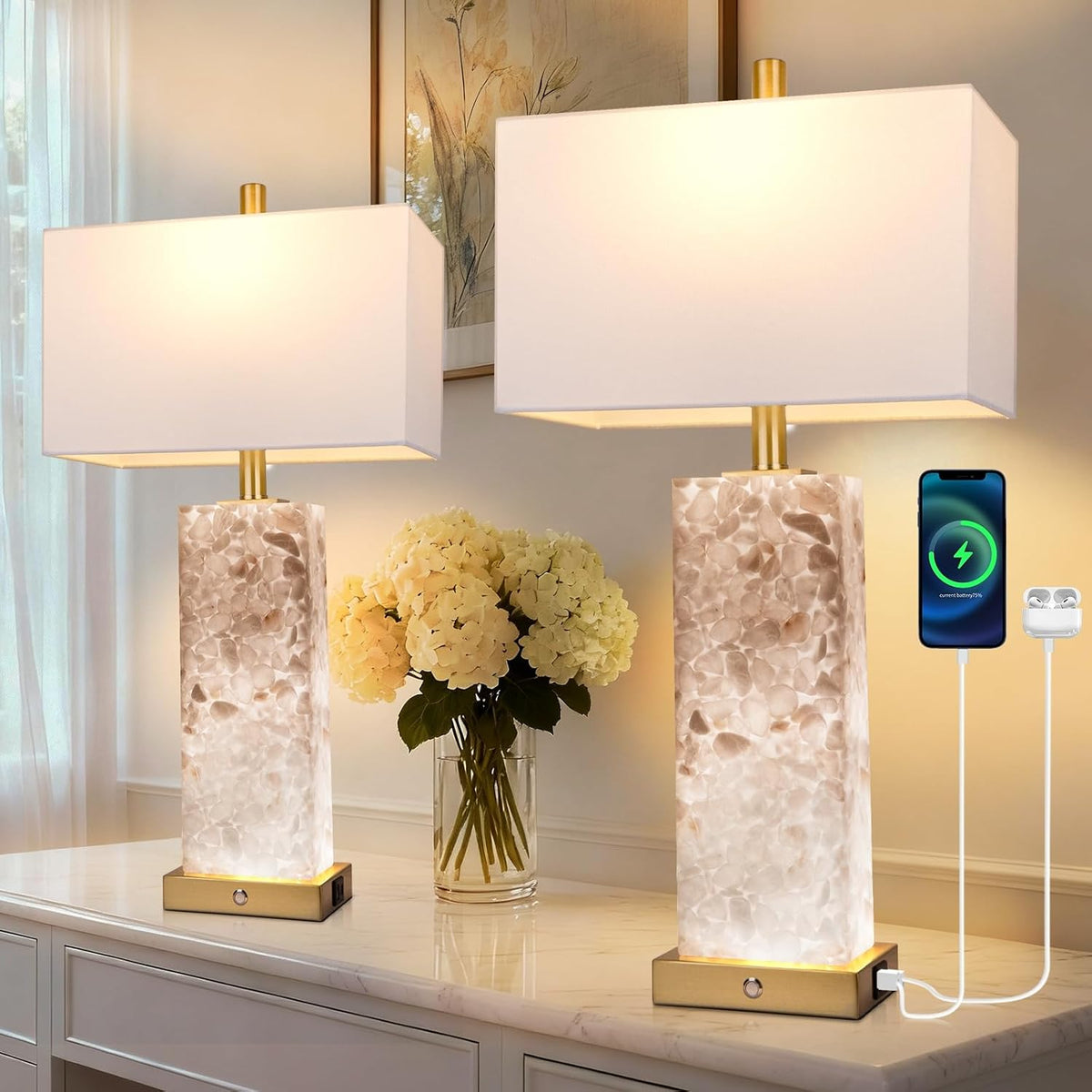 vallerico 25.6" Alabaster Lamps, Marble Lamp Nightstand Lamps Set of 2