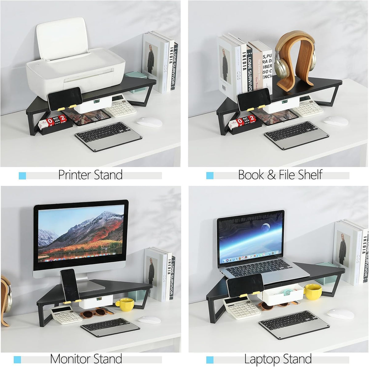 TEAMIX Corner Monitor Stand with Drawer and Phone Holder, 26x12.6x5.3in