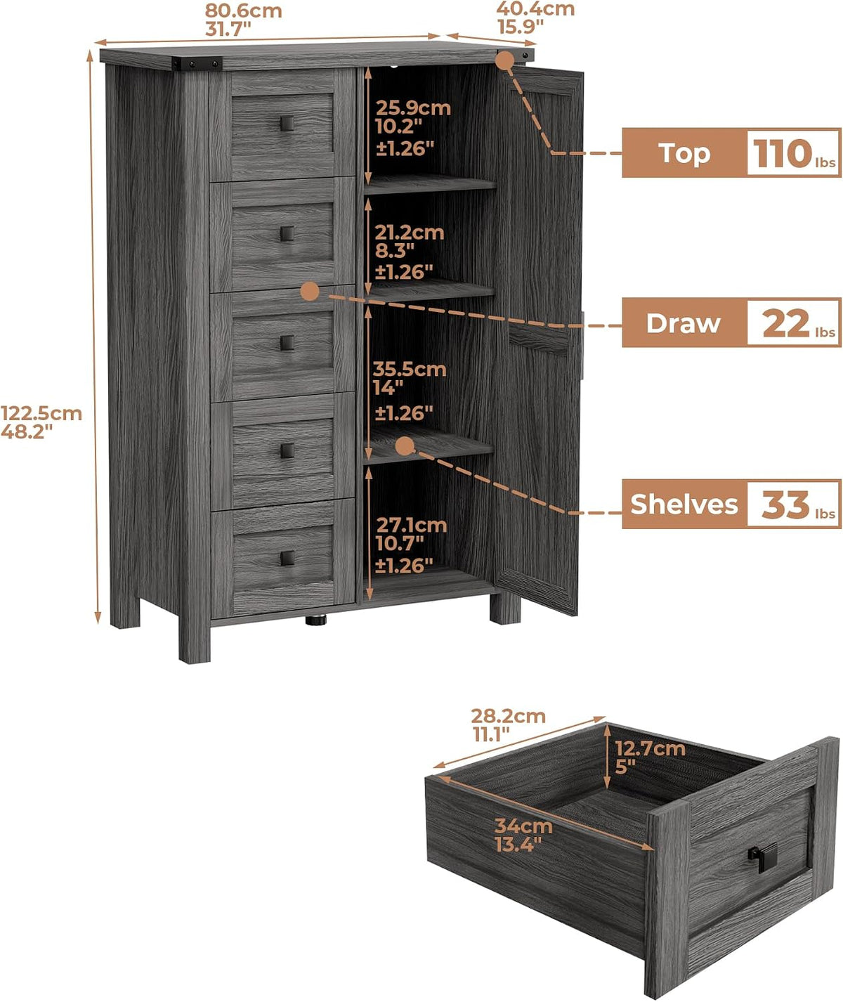 VVFLU Farmhouse Dresser Storage Cabinet Chest of Drawer for Bedroom, 5 Drawer Dresser with Barn Door, 48 Inch Tall Grey Wood Dresser, Adjustable Shelves, Rustic, for Living Room, Entryway, Hallway