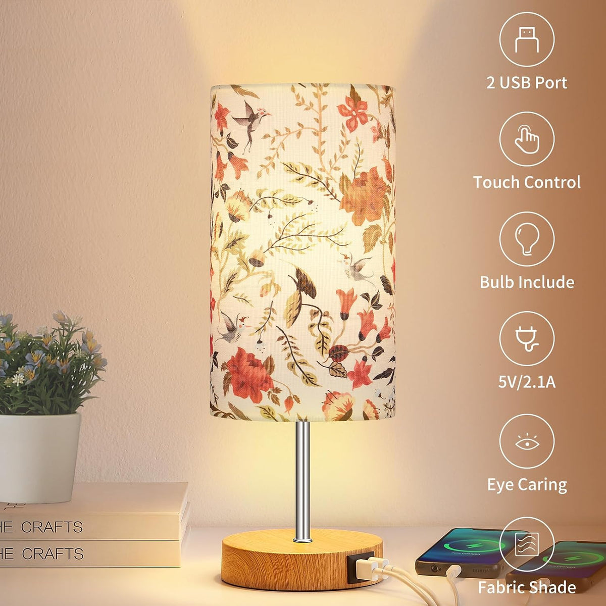 Bedside Touch Lamp, Wood Small Table lamp with 2 USB Charging Ports & Flower Fabric Shade, 3-Way Dimmable Nightstand Lamps for Living Room Bedroom Office Reading Desk Home Dorm(LED Bulb Included)