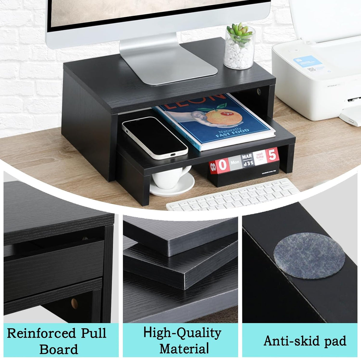 TEAMIX 2-Pack Monitor & Laptop Stand Riser,Wood High-Low Dual Monitor Setup