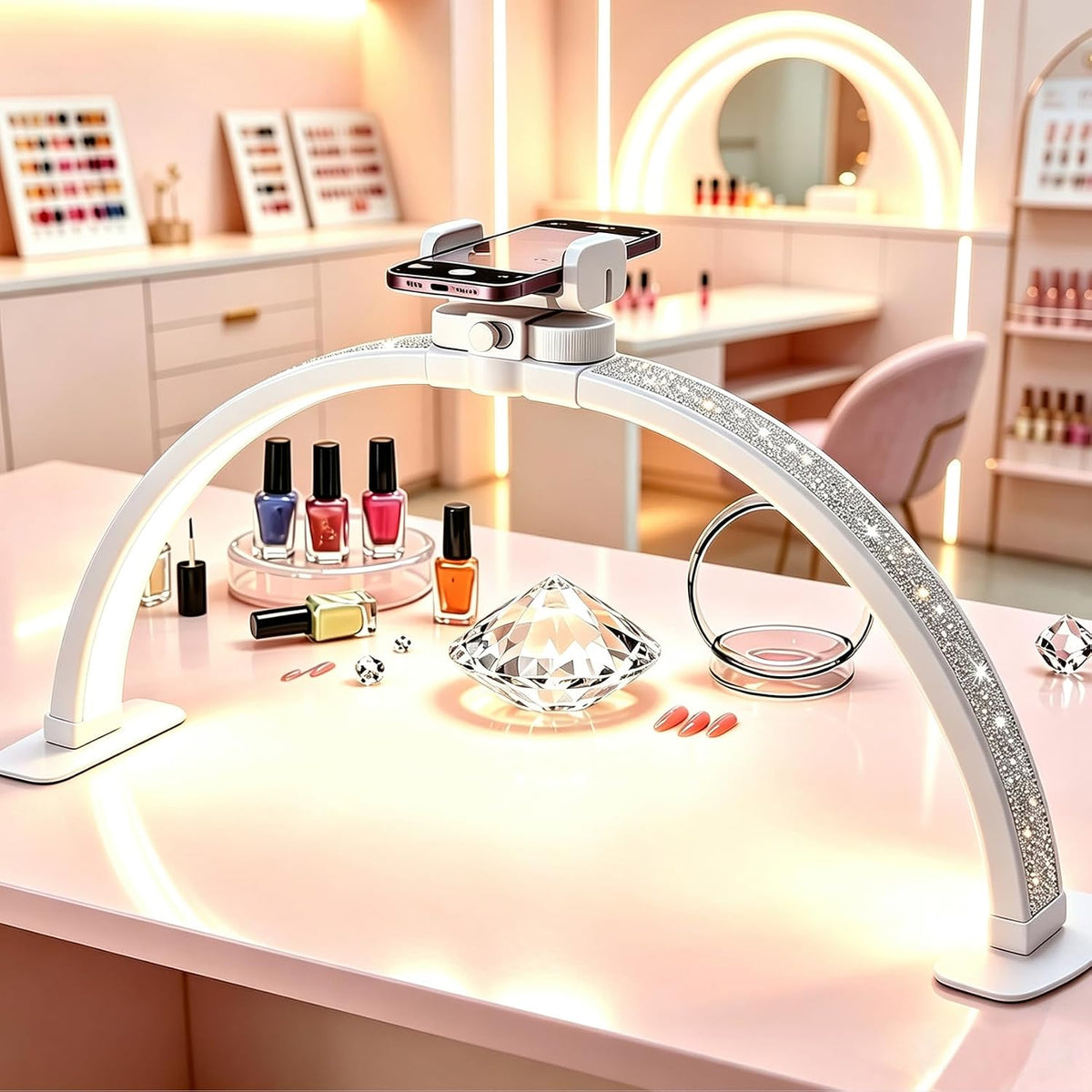 Half Moon Light for Nail Desk, 29 Inch, White with Diamonds
