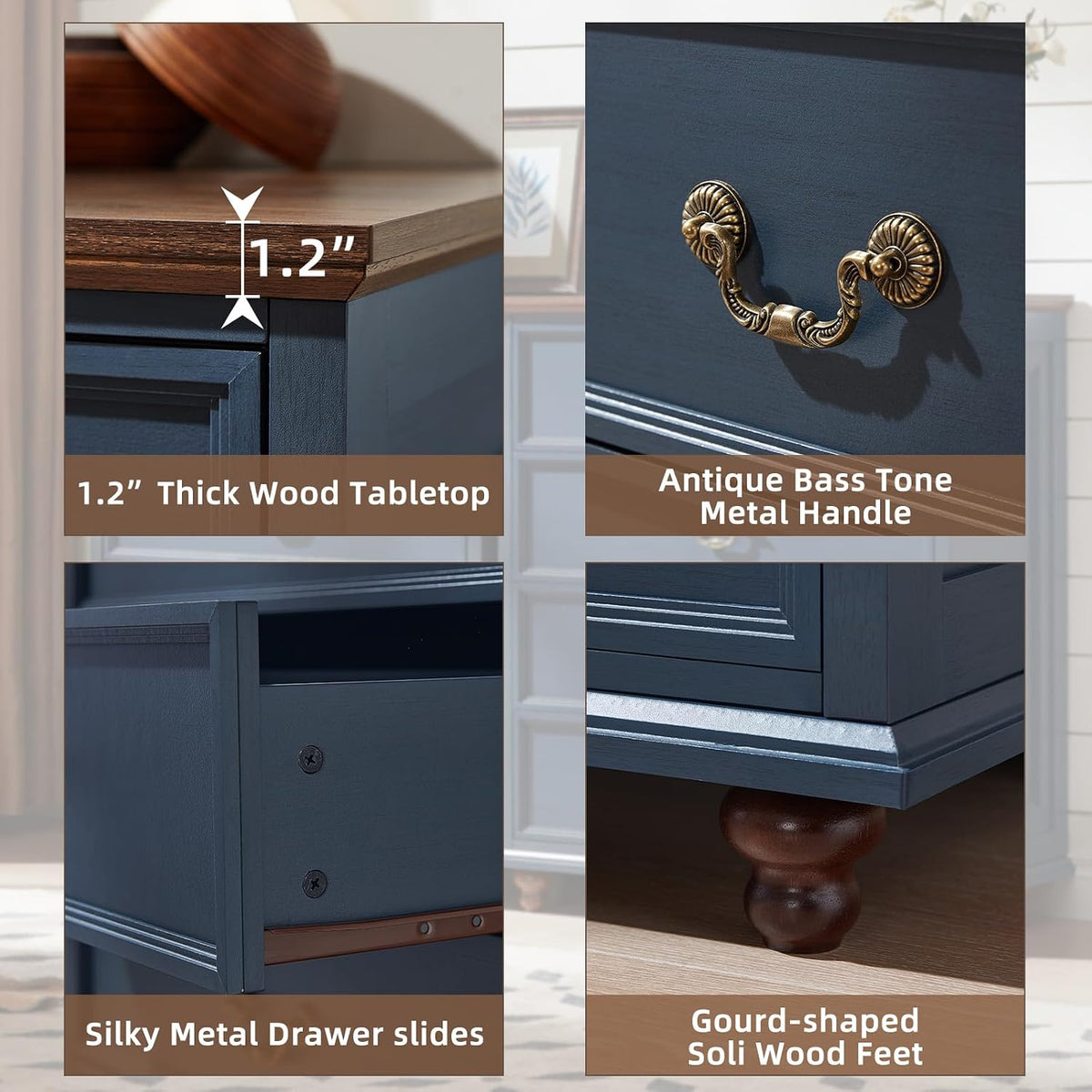 Joaxswe Farmhouse 5 Drawer Dresser for Bedroom, 45" Tall Rustic Chests of Drawers w/ 4 Solid Wood Feet, Mid Century Modern Wooden Closet Storage Dressers Organizer for Living Room, Hallway, Navy Blue