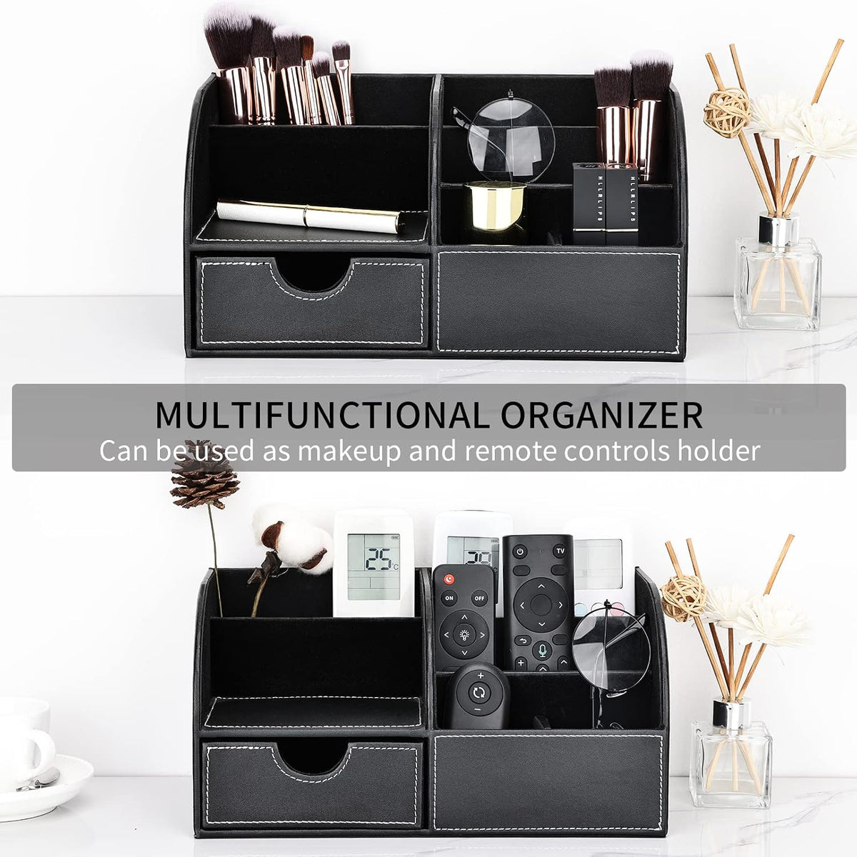 KINGFOM Pu Leather Desk Organizer Pen Pencil Holder Office Supplies Caddy Storage Box 6 Compartments with Drawer Black