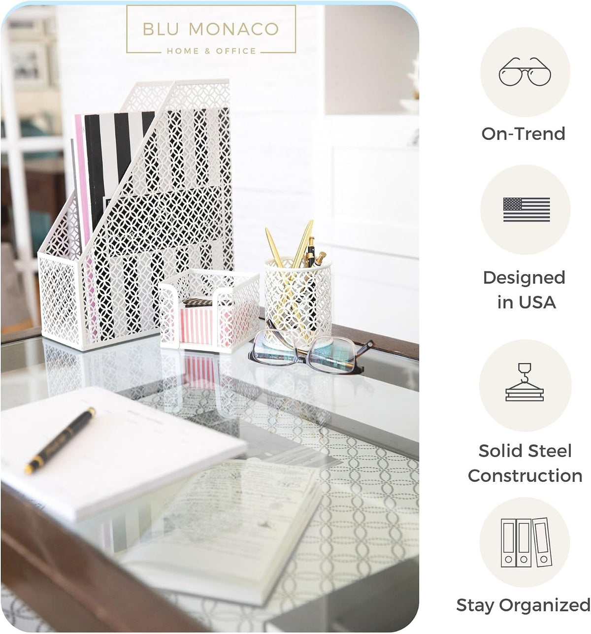 BLU MONACO | White Desk Organizer Set 6 Piece | Mail Sorter Organizer Countertop with Letter Sorter for Desk | Standing File Organizer for Desk with Pen Holders