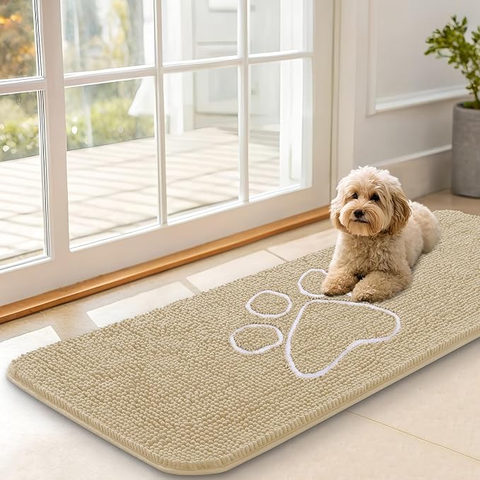 OLANLY Dog Door Mat for Muddy Paws 47x17, Paw Print Design, Absorbs Moisture