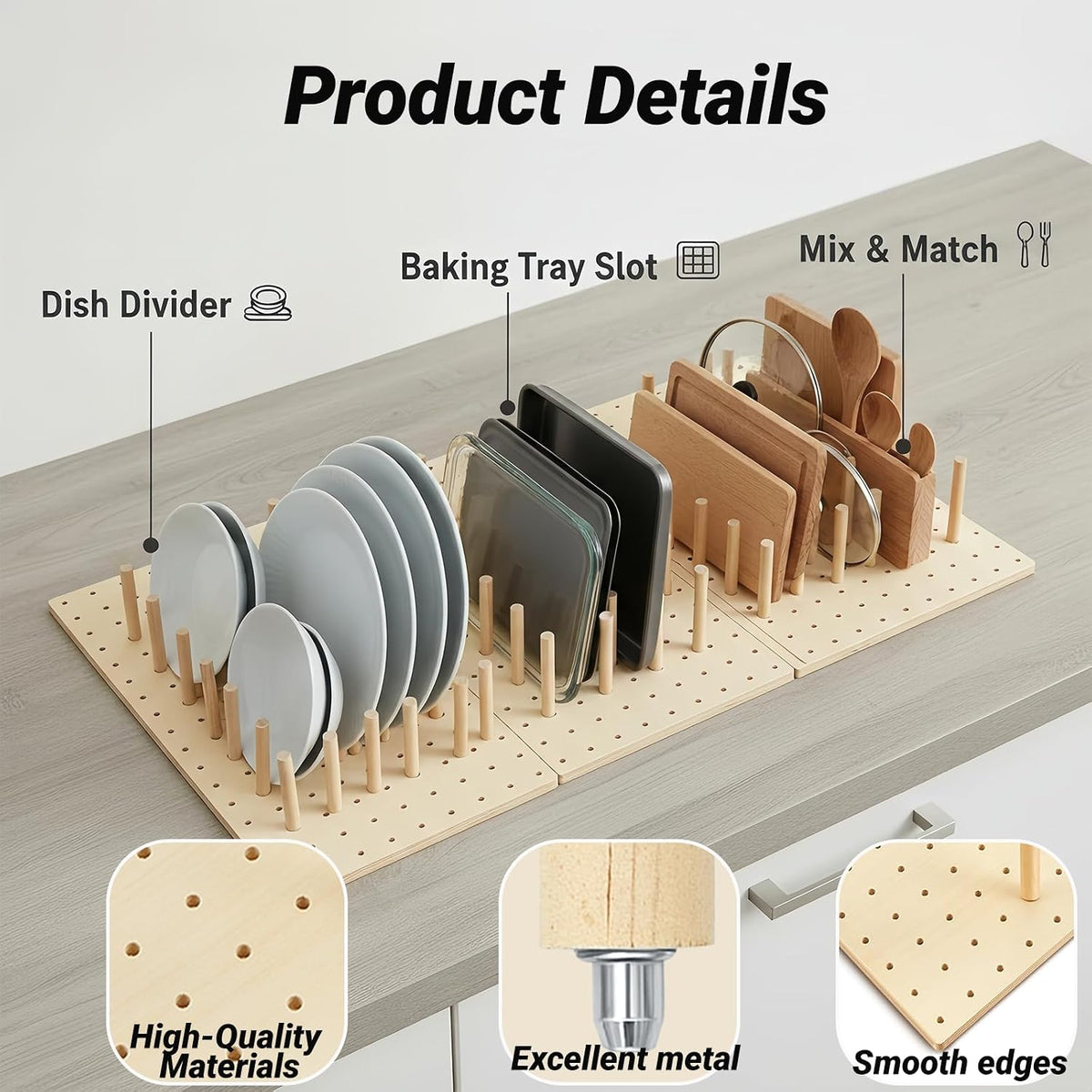 Wooden Pegboard Drawer Organizer for Kitchen - 3 Pack Adjustable Drawer Organizer with 24 Pegs Wooden, Drawer Organizer Kitchen Utensils, Wood Drawer Organizers for Kitchen Countertops & Deep Drawe